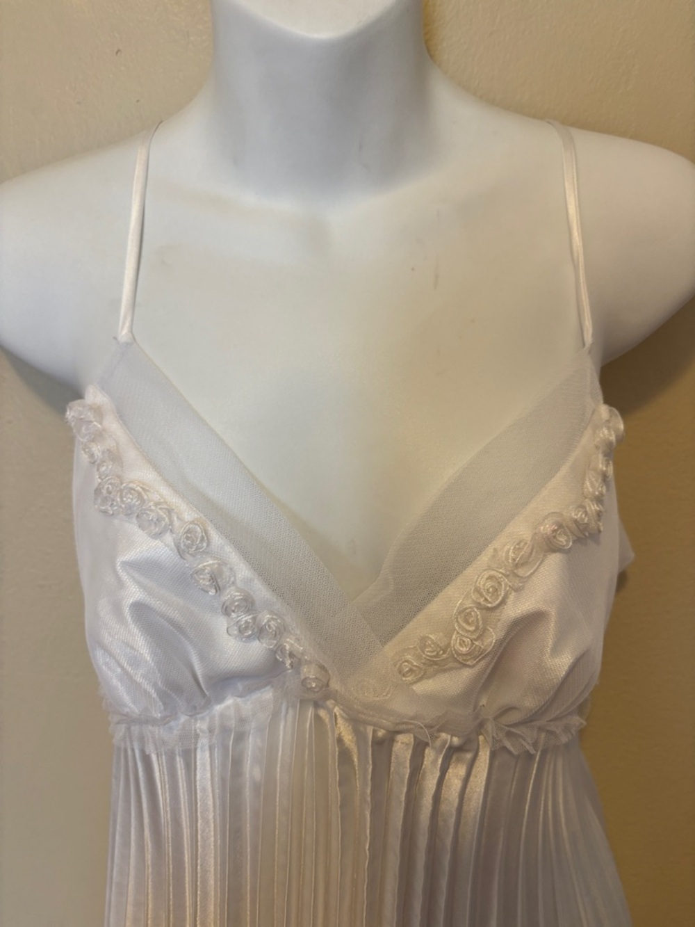 Flora Nikrooz White Pleated Satin Slip Chemise with Lace Accents - Picture 3 of 3